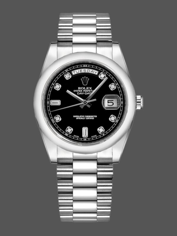 Rolex Day Date 118206 Platinum Black Diamond Dial 36mm Unisex Replica Watch - Image 1
