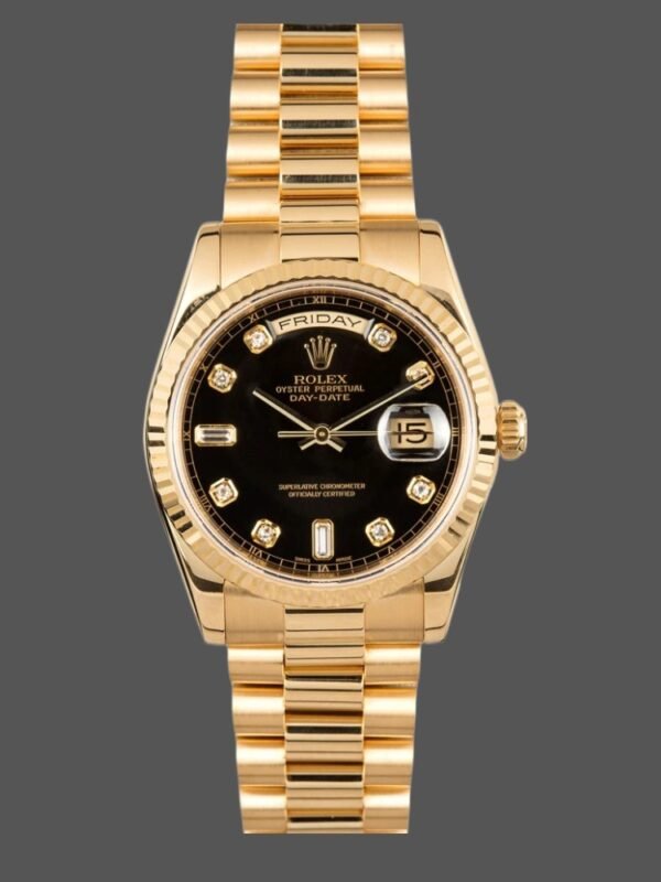Rolex Day Date 118238 Yellow Gold Black Diamond Dial 36mm Mens Replica Watch - Image 1