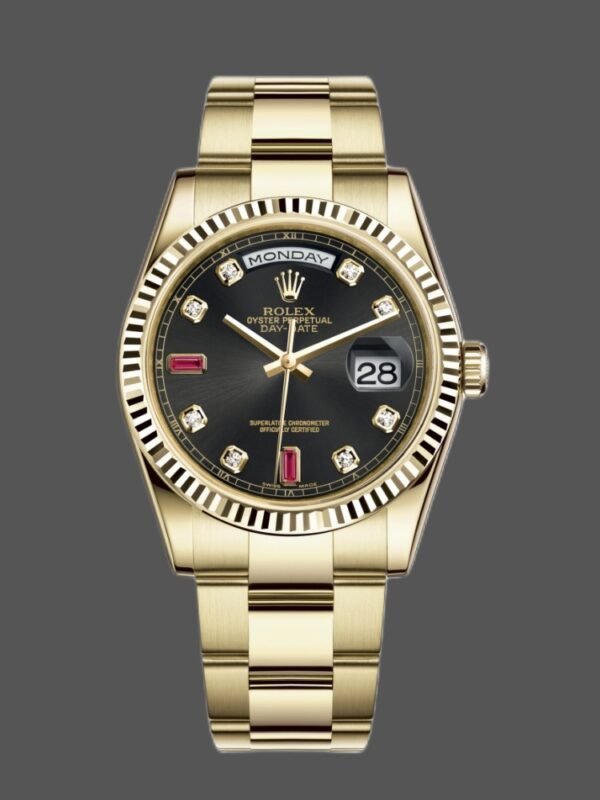 Rolex Day Date 118238 Yellow Gold Black Diamond Dial Fluted Bezel 36mm Mens Replica Watch - Image 1