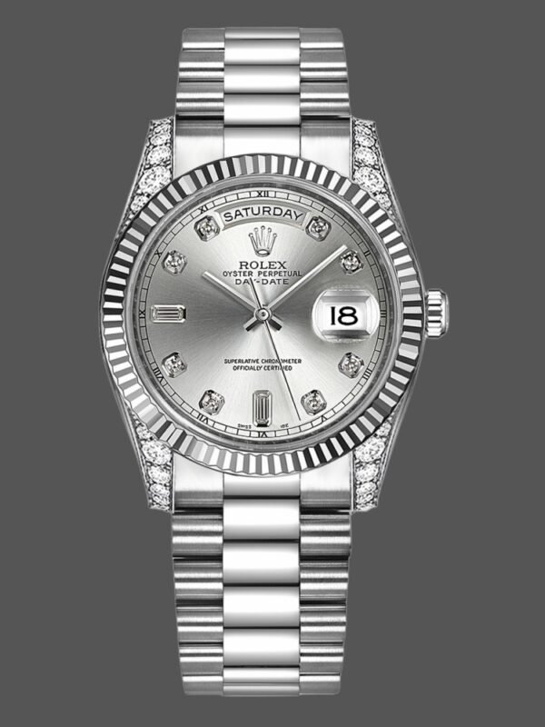 Rolex Day Date 118339 White Gold Silver Dial Fluted Bezel 36mm Unisex Replica Watch - Image 1