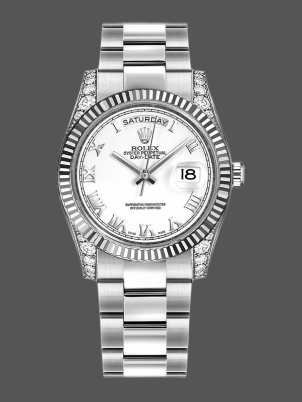 Rolex Day Date 118339 White Gold white Dial Fluted Bezel 36mm Unisex Replica Watch - Image 1