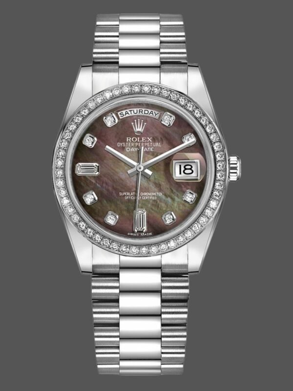 Rolex Day Date 118346 Black MOP Dial Platinum 36mm Unisex Replica Watch - Image 1