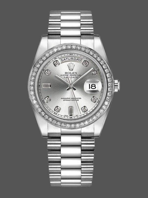 Rolex Day Date 118346 Silver Dial Diamond 36mm Unisex Replica Watch - Image 1