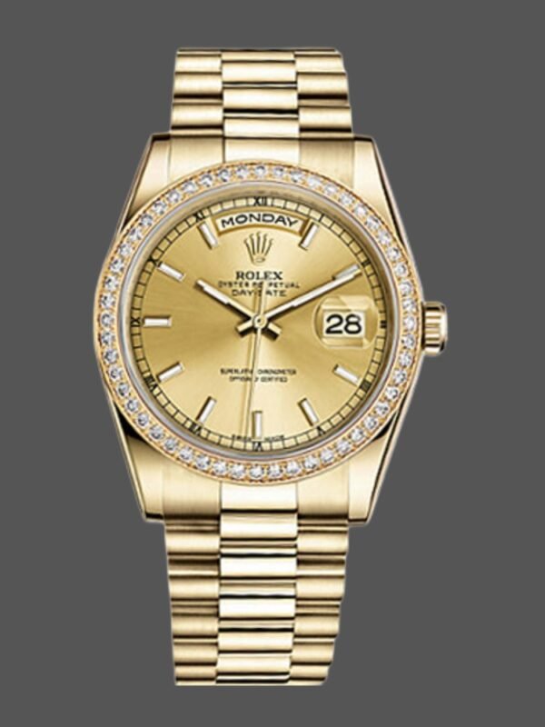 Rolex Day Date 118348 Champagne Index Dial Yellow Gold 36mm Unisex Replica Watch - Image 1