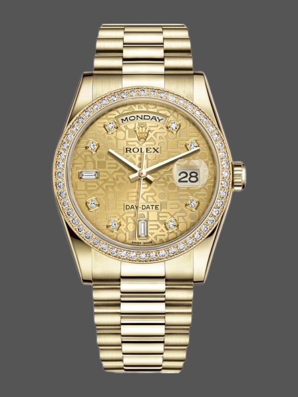 Rolex Day Date 118348 Champagne Jubilee Diamond Dial Yellow Gold 36mm Unisex Replica Watch - Image 1