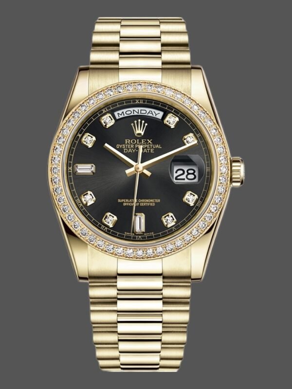 Rolex Day Date 118348 Yellow Gold Black Diamond Dial 36mm Unisex Replica Watch - Image 1